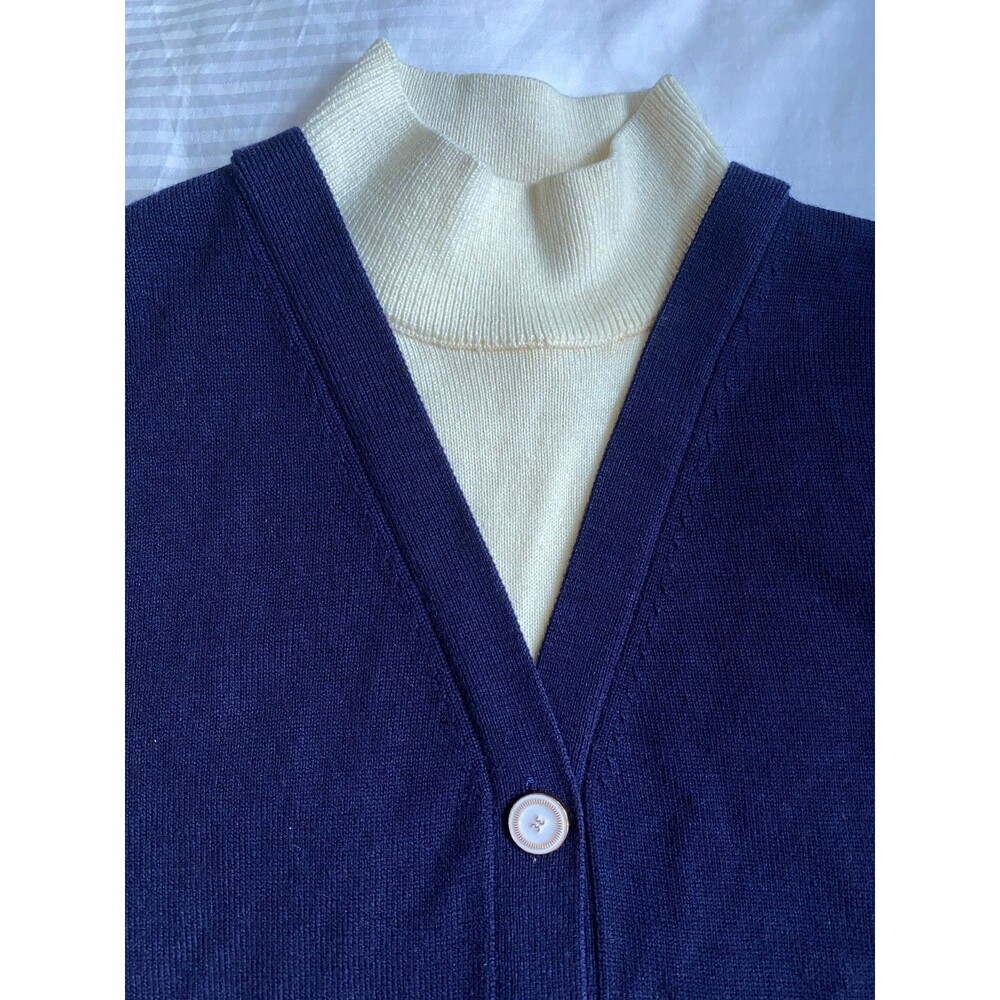 Noir Noir Navy Wool Cardigan with Built-in Cream Mock Neck. Reverse Button Back. - Picture 6 of 14